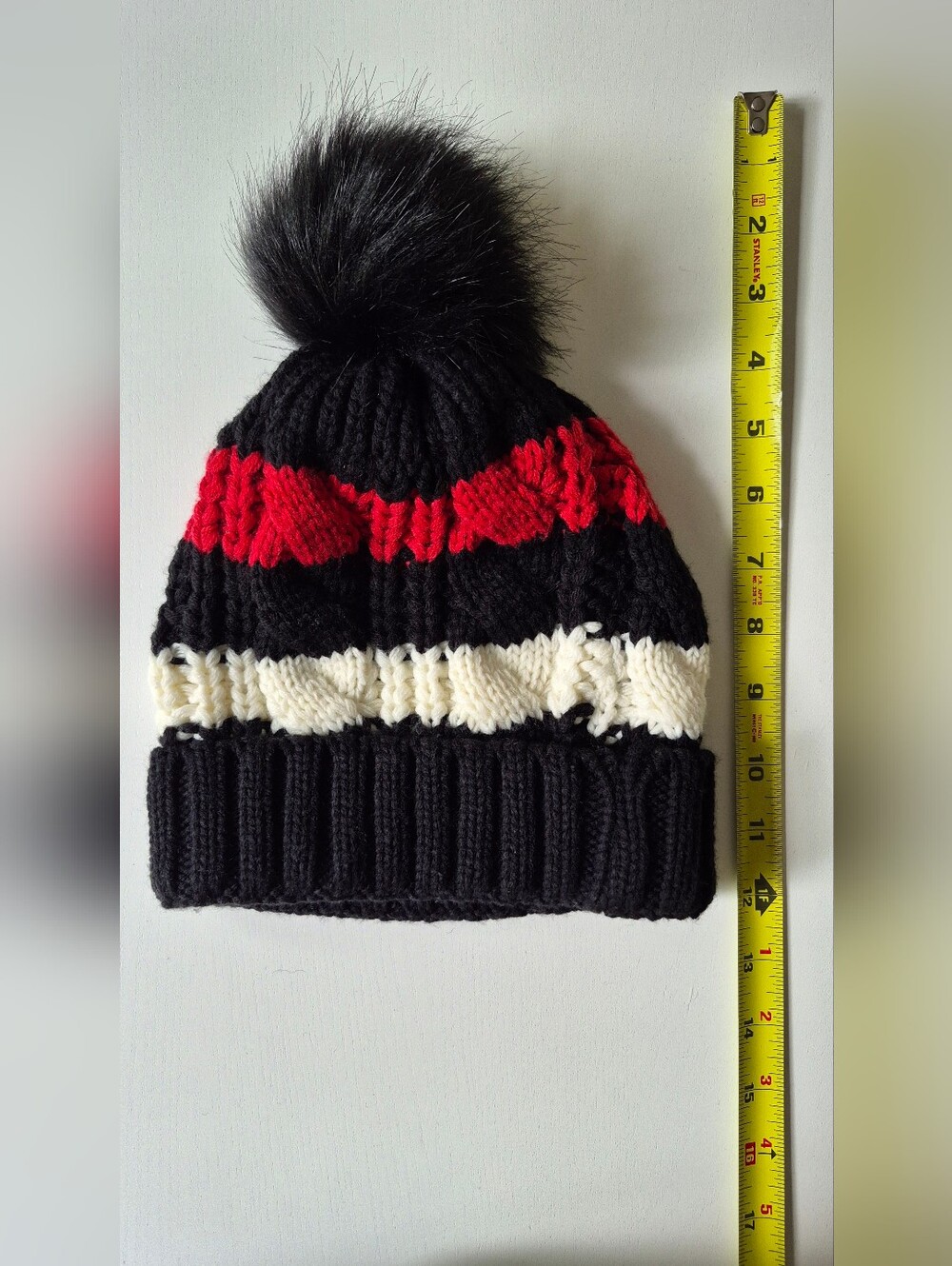 Black Knit Pom Beanie with Red and Cream Stripe